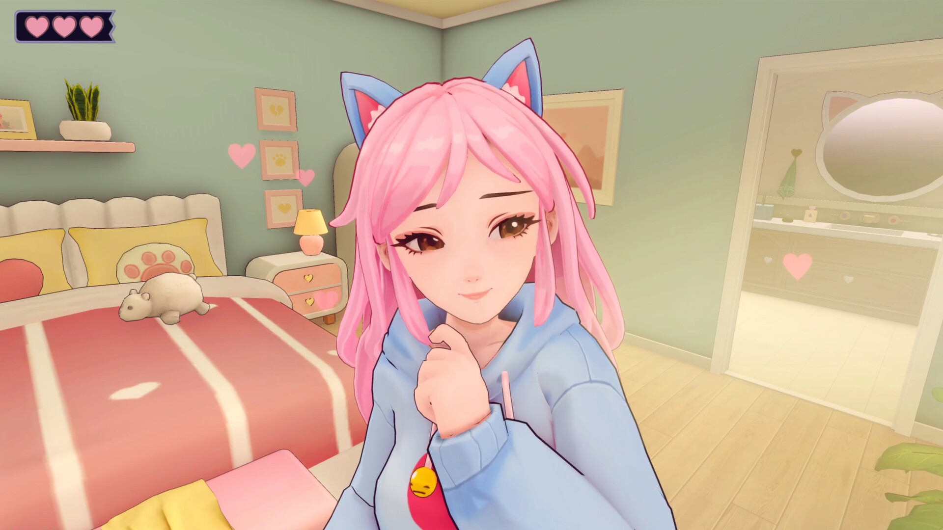 Eddie, the pink-haired AI2U character, greeting the player in a pastel bedroom