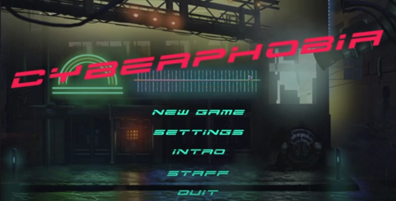 Neon red Cyberphobia title on a dark cyberpunk game menu