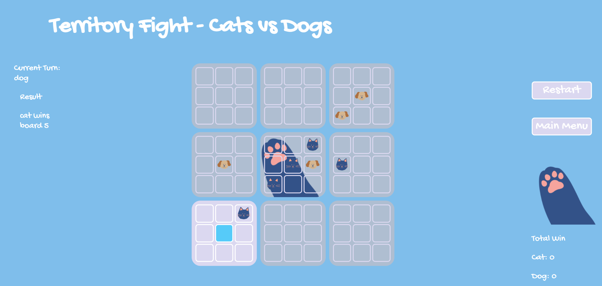 Blue Territory Fight game screen with a grid of cat and dog markers
