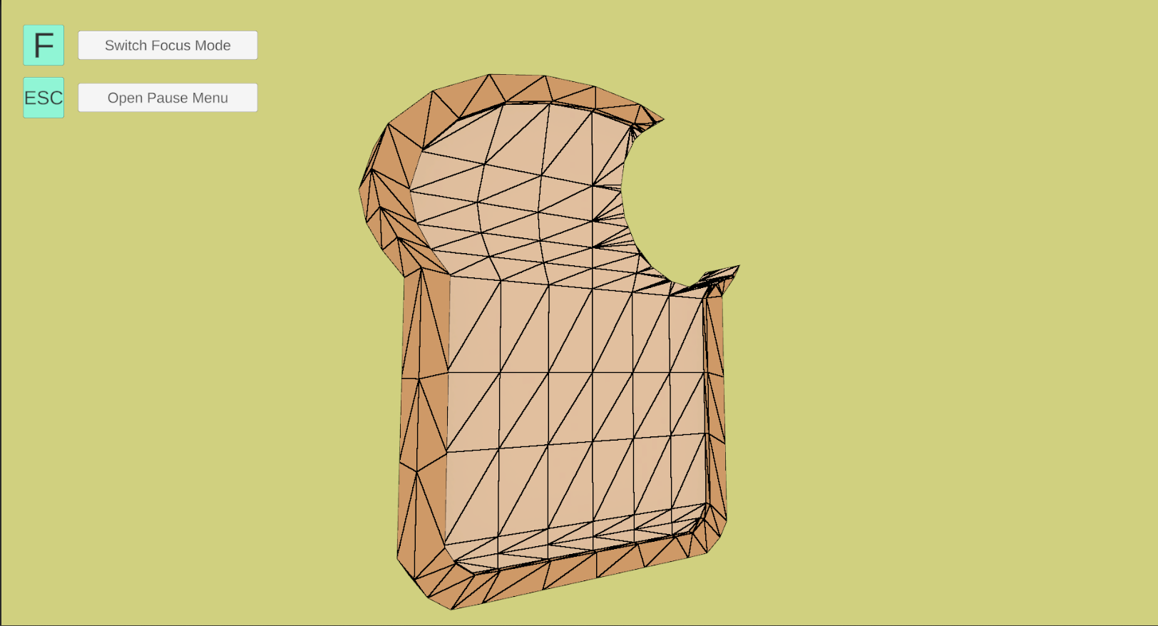 Wireframe view of a 3D slice of toast with a circular bite cut from the mesh