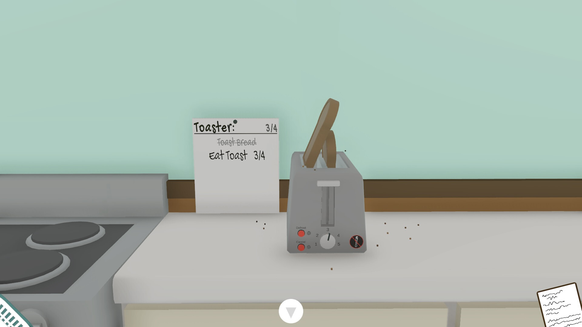 First-person view of a toaster and an in-game objective card in Sometimes Toast is O.K.